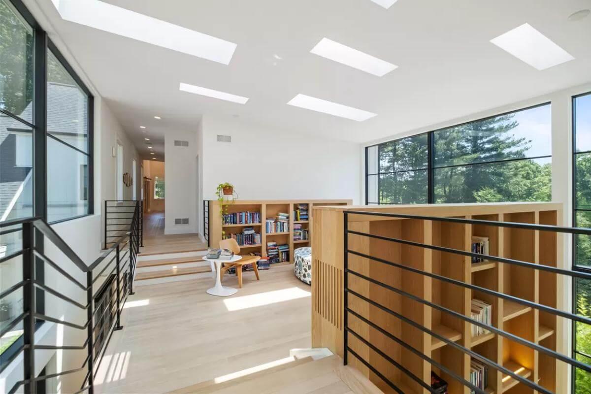 Loft Library with Skylights and Scenic Views