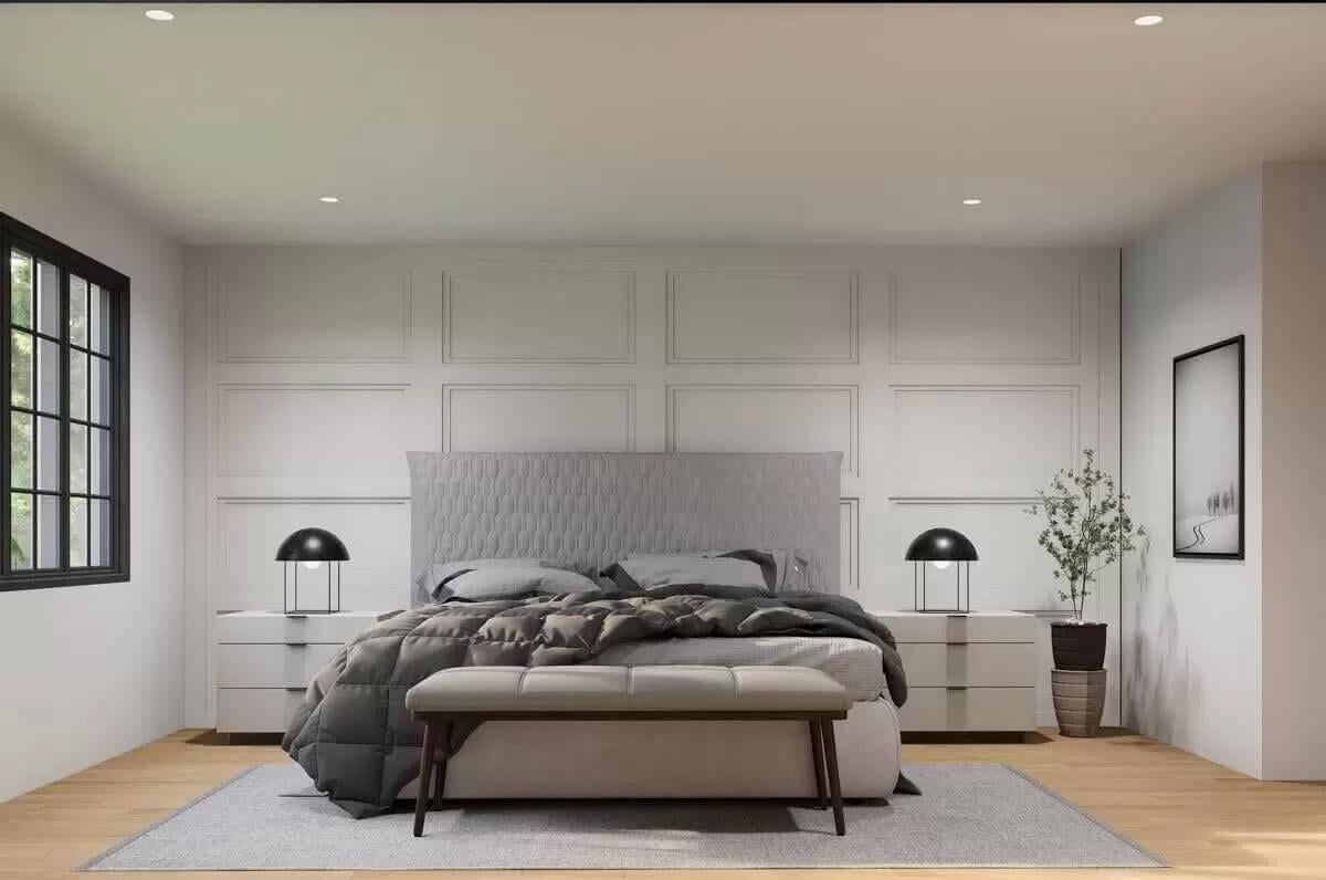Explore the Subtle Paneling and Layered Textures in This Modern Bedroom