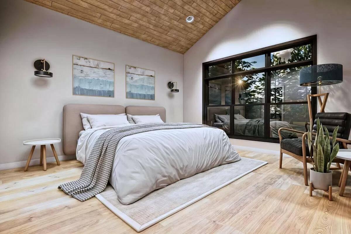 Relax in This Modern Bedroom Featuring a Warm Wooden Ceiling