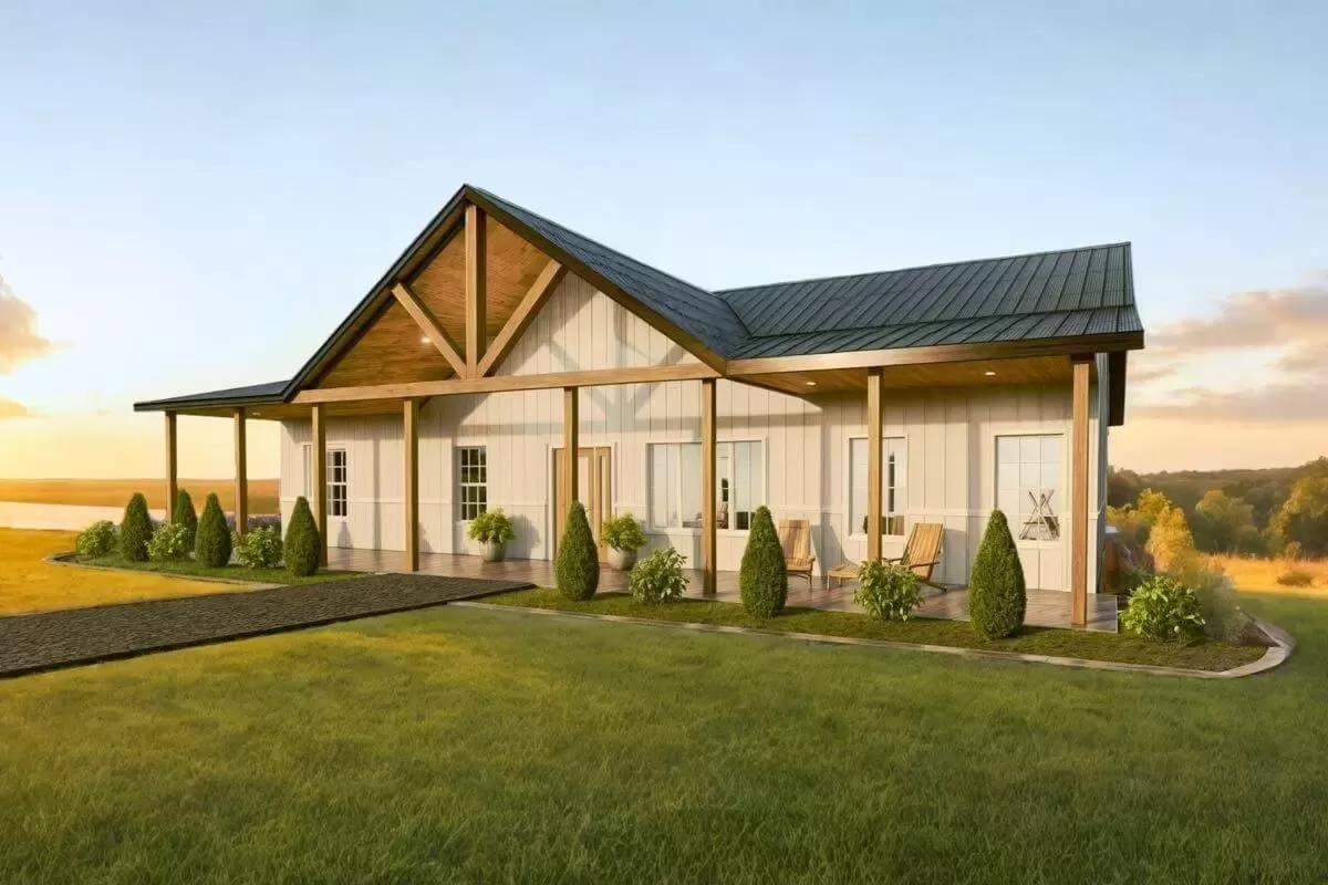 Gable Rooflines and an Expansive Porch Add Drama to This Farmhouse Setting