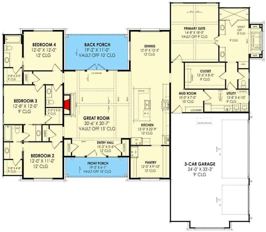 Spacious Farmhouse Plan with Vaulted Great Room and 3-Car Garage