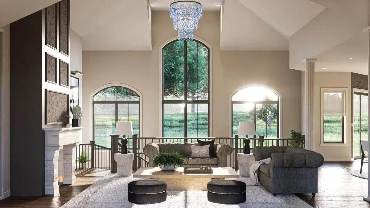 Wow, Check Out That Dramatic Chandelier in This Sophisticated Living Room