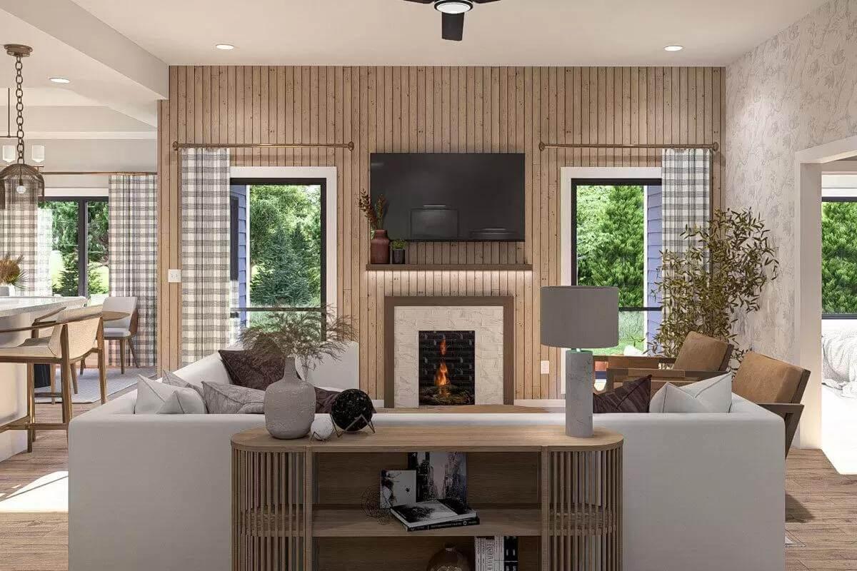 Craftsman Living Room with Tidy Paneling and a Central Fireplace
