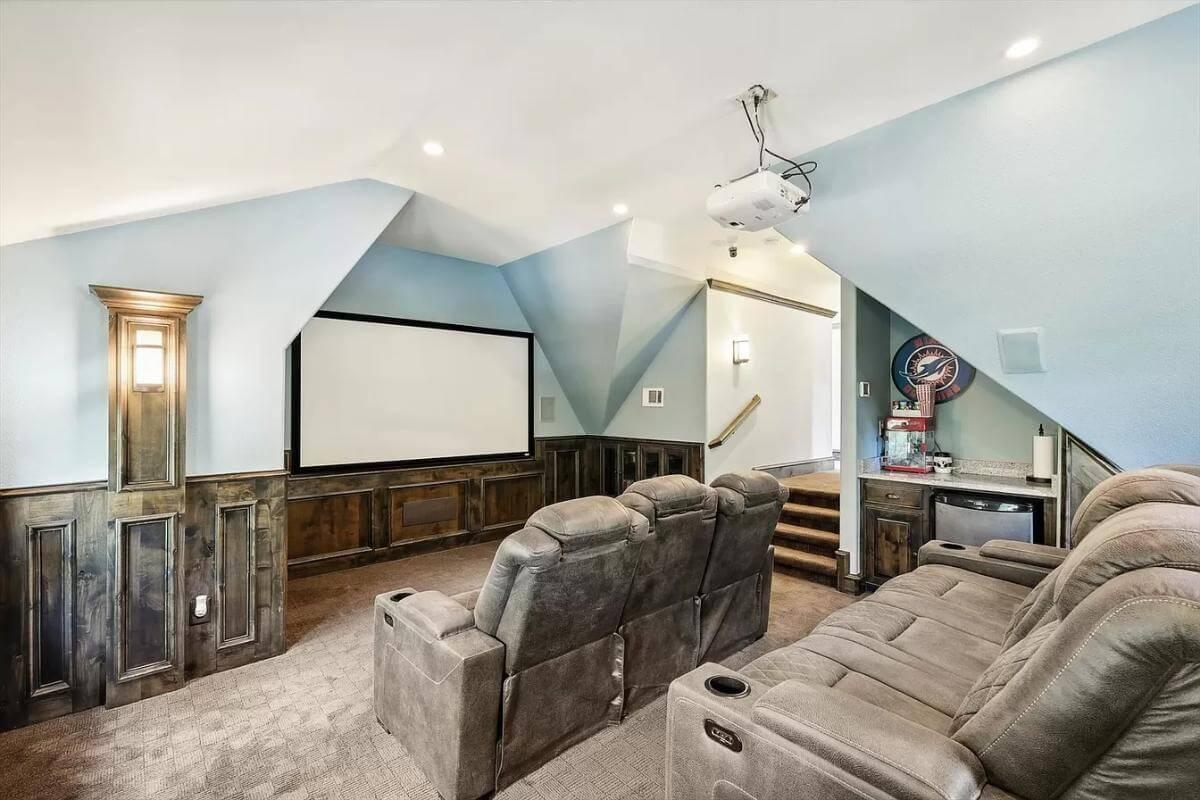 Intimate Home Theater Loft with Stylish Wood Paneling