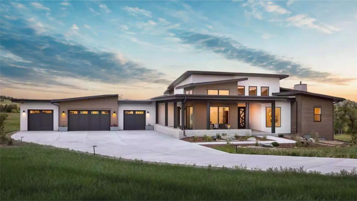 2-Bedroom Contemporary-Style Cardinal Way Home for a Sloped Lot with 4-Car Garage and Wraparound Porch (Floor Plan)