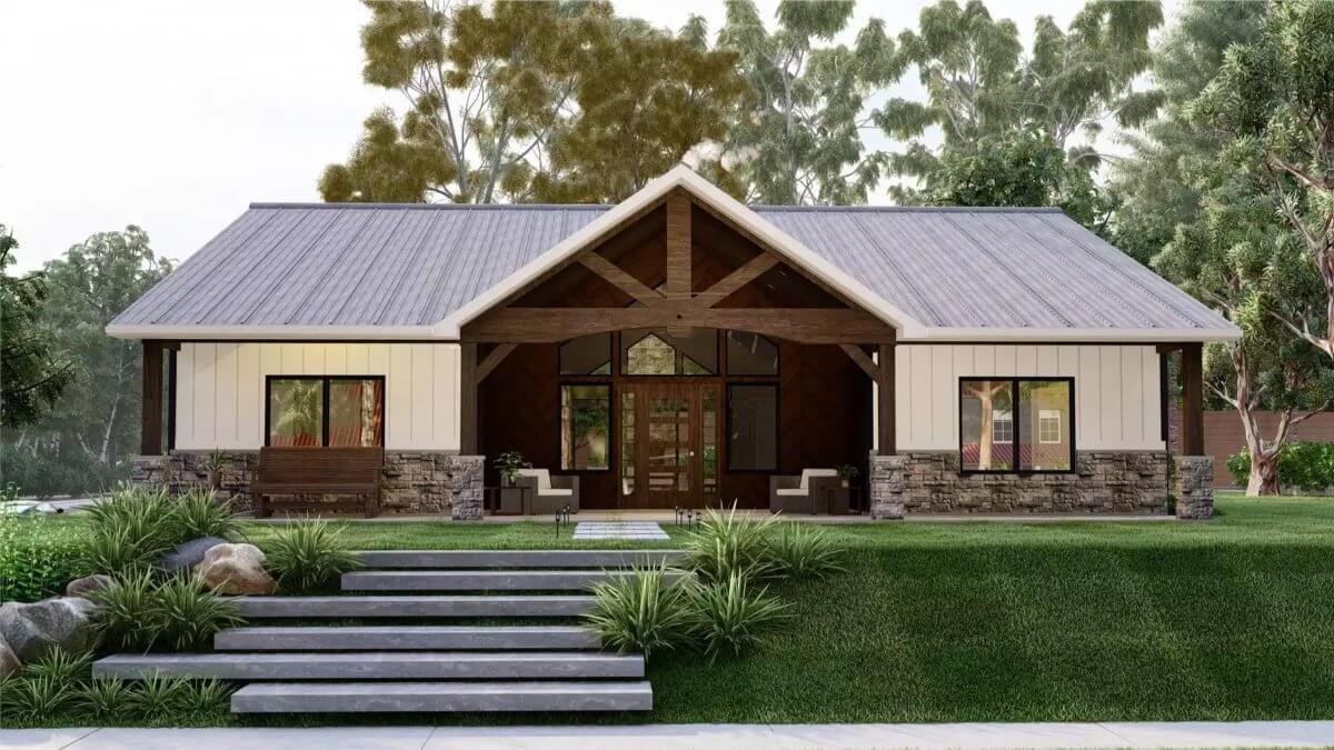 Barndominium-Style 3-Bedroom Evergreen Barn Home with Front Porch and Covered Patio (Floor Plan)