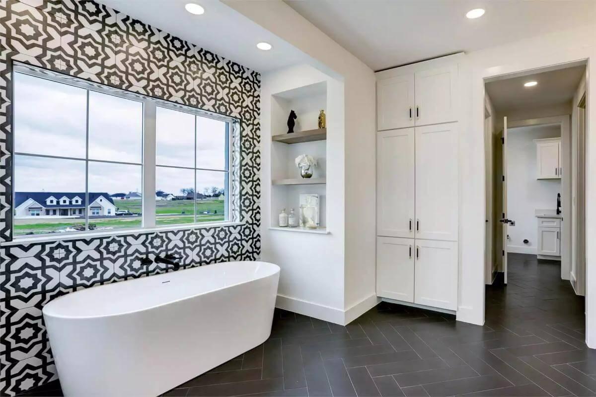 Wow, Look at the Bold Patterned Tile in This Bathroom Oasis