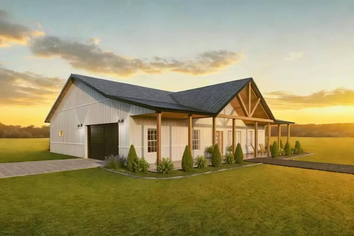 Admire the Expansive Gable Porch on This Barn-Style Home
