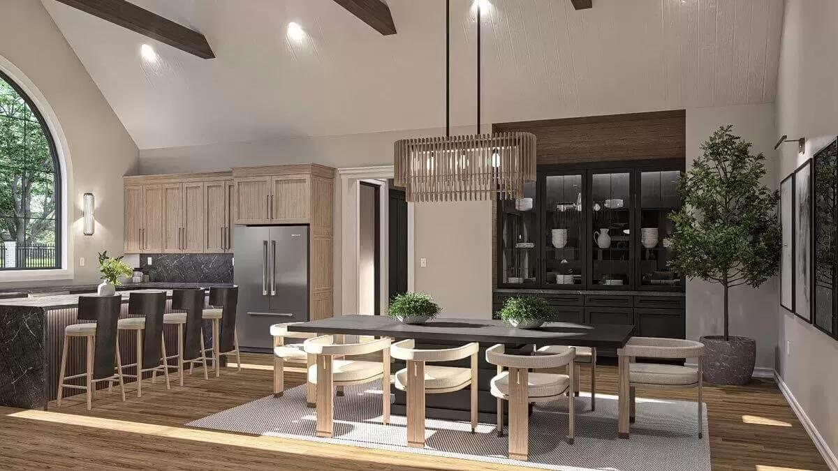 Craftsman Dining Room with Striking Pendant Light and Large Arch Window