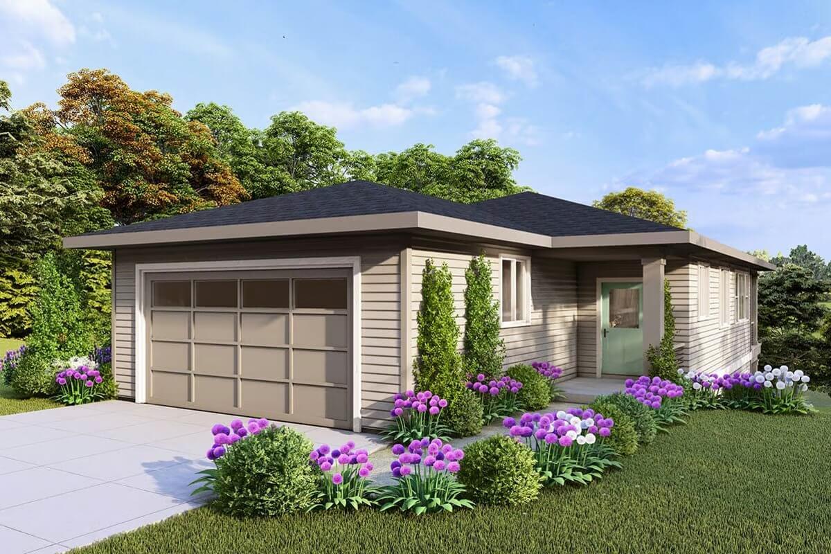 Single-Story Home with Beautiful Siding and a Neatly Trimmed Garden