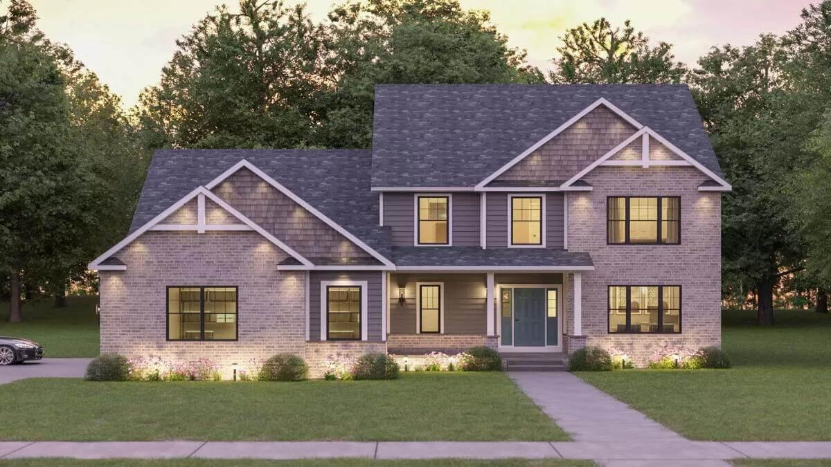 Evening Glow on a Brick Craftsman with Distinctive Gable Accents