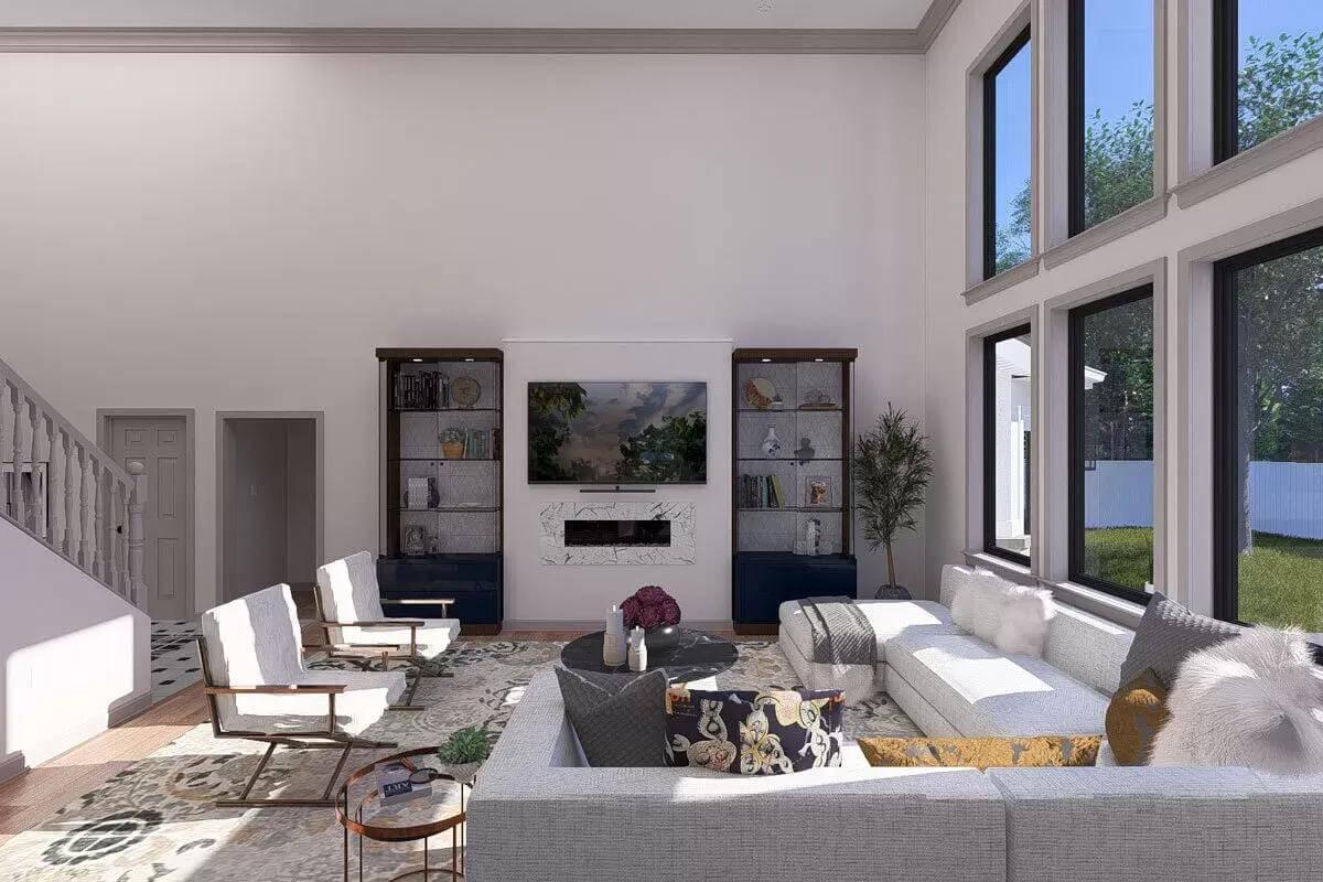 Enjoy the Double-Height Windows and Fireplace in This Living Room