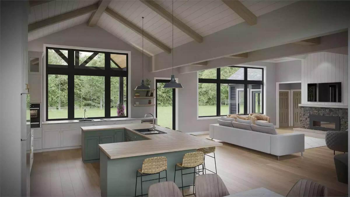 Explore the Vaulted Ceilings and Expansive Windows in This Open Kitchen and Living Area
