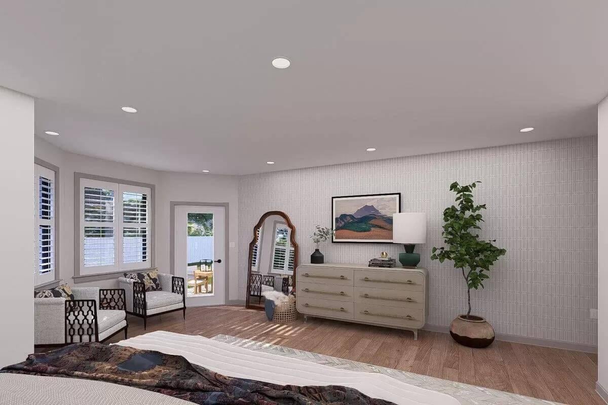 Step into This Serene Master Bedroom with Bay Window Seating