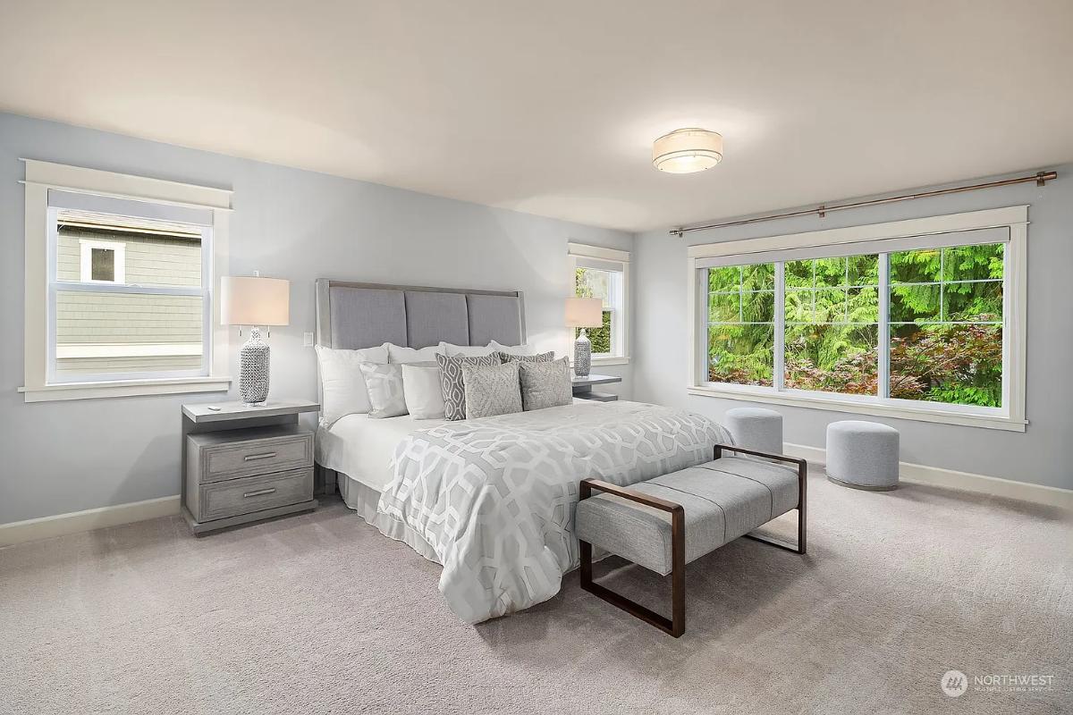 Tranquil Bedroom with Soft Grays and Garden Views