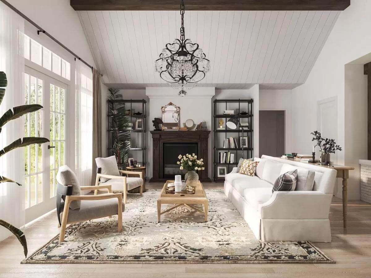 Living Room Highlighting a Vaulted Ceiling and Elegant Chandelier