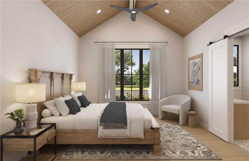 Tranquil Bedroom with Vaulted Ceiling and Natural Wood Tones
