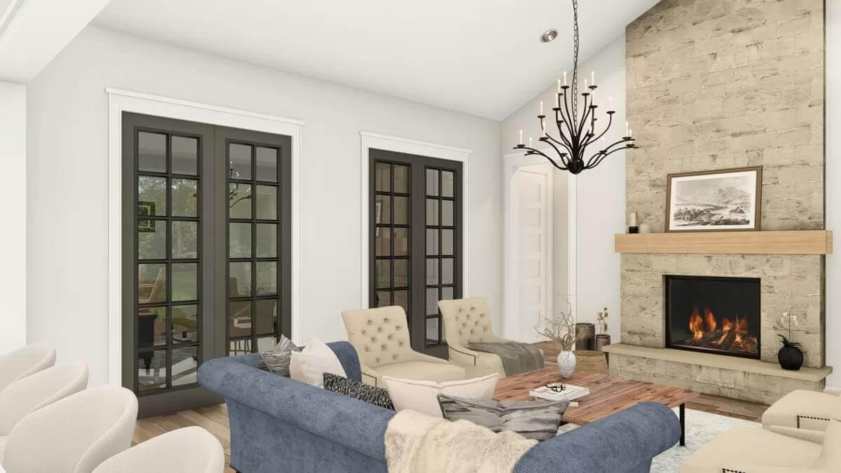 Elegant Living Room with Stone Fireplace and French Doors