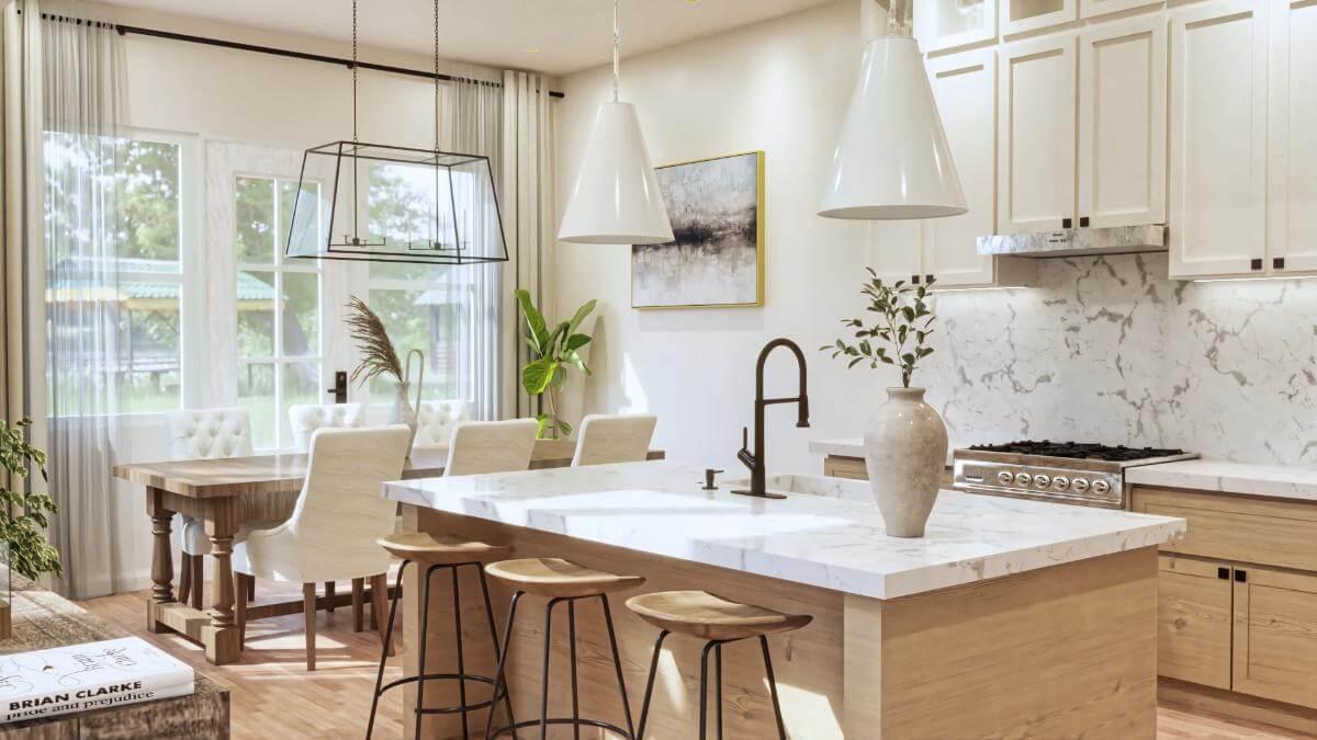 Sleek Kitchen Peninsula with Marble Accents and Timeless Dining Area