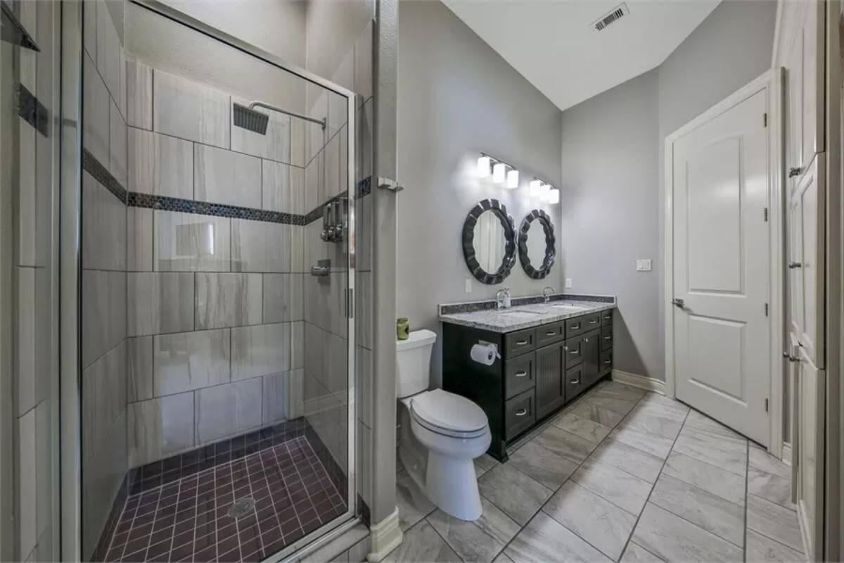 Modern Bathroom with Dual Sink Vanity and Walk-in Shower