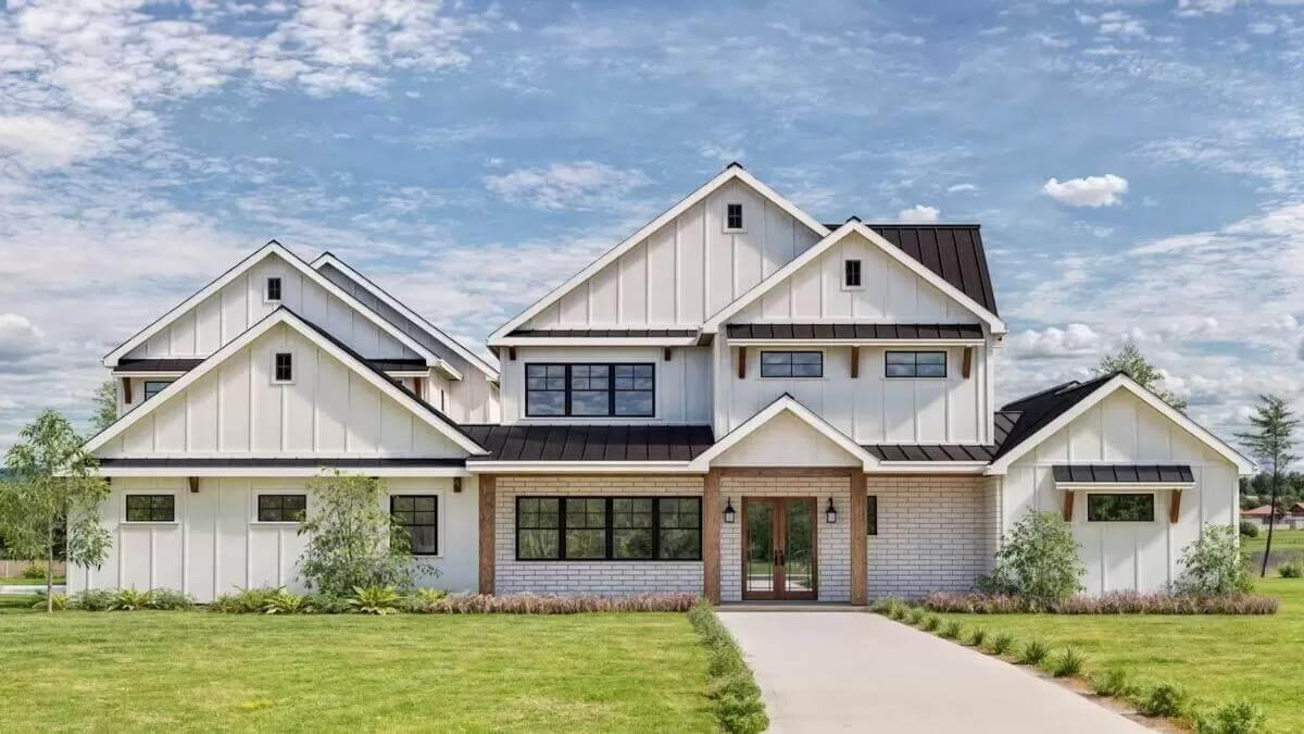 Modern Farmhouse with Contrasting Rooflines and Welcoming Entryway