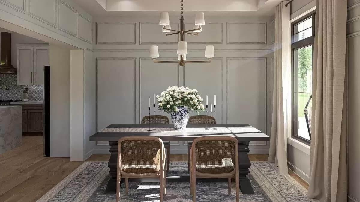 Elegant Dining Room with Wainscoting and Warm Lighting