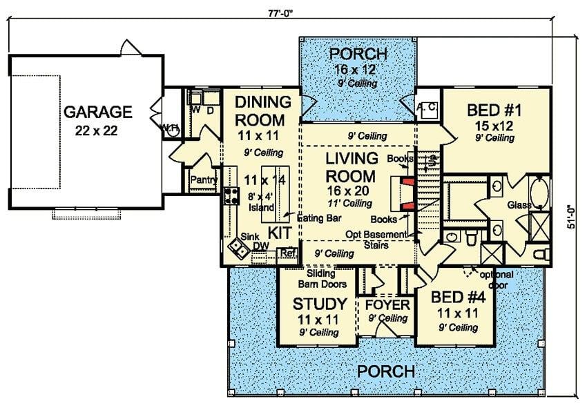 Farmhouse Floor Plan with a Handy Central Living Room and Cozy Study