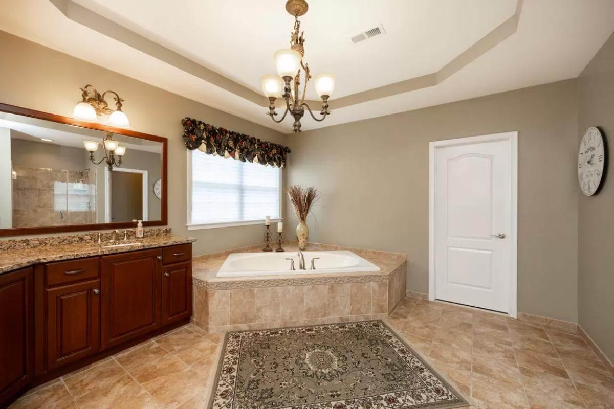 Classic Bath with Corner Tub and Warm Wood Vanity