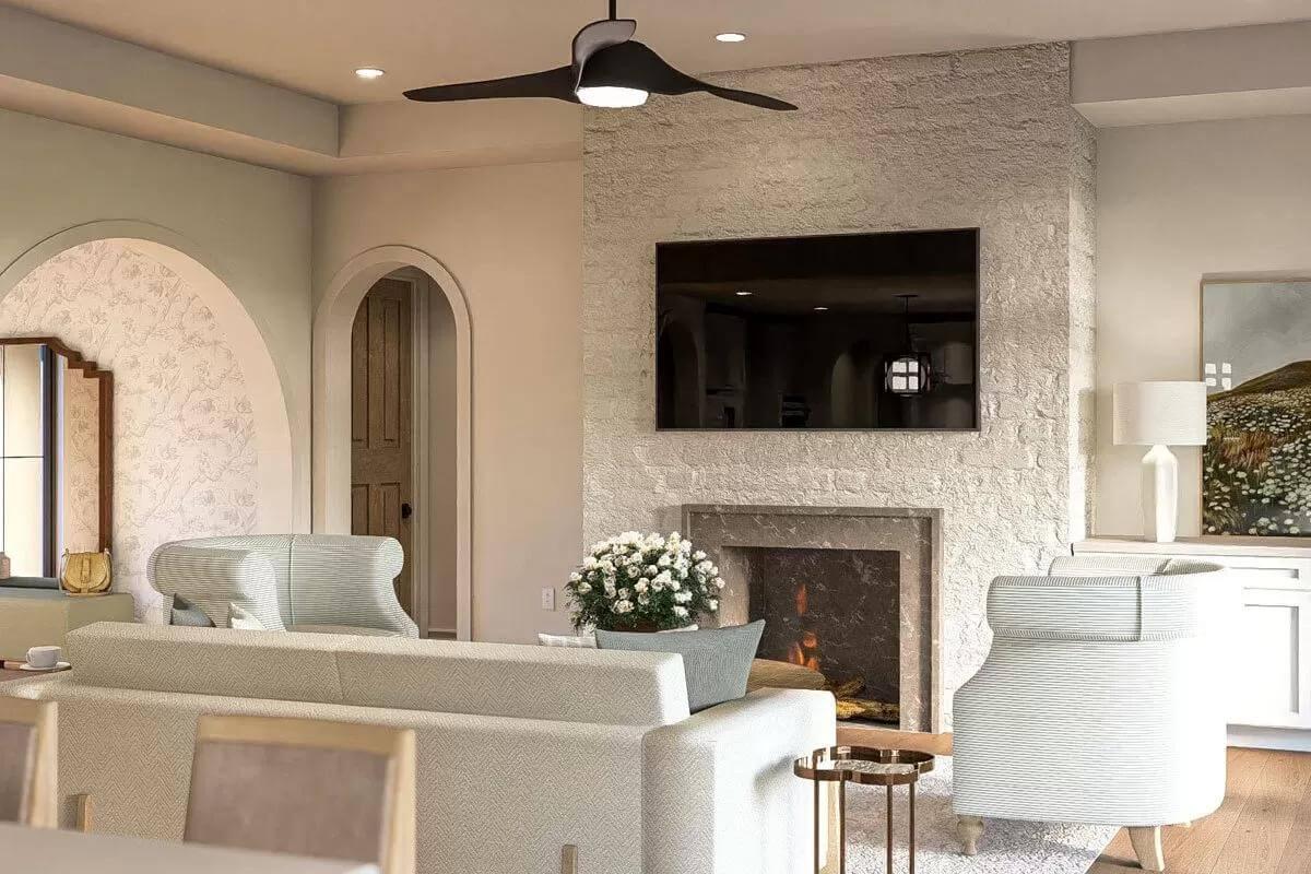 Check Out the Textured Brick Fireplace Anchoring This Living Room