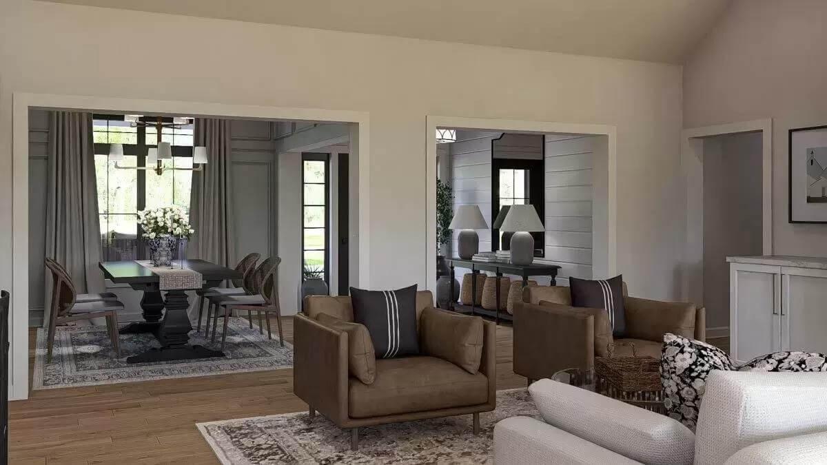 Open Living Spaces with Earthy Tones and Chic Transition Areas