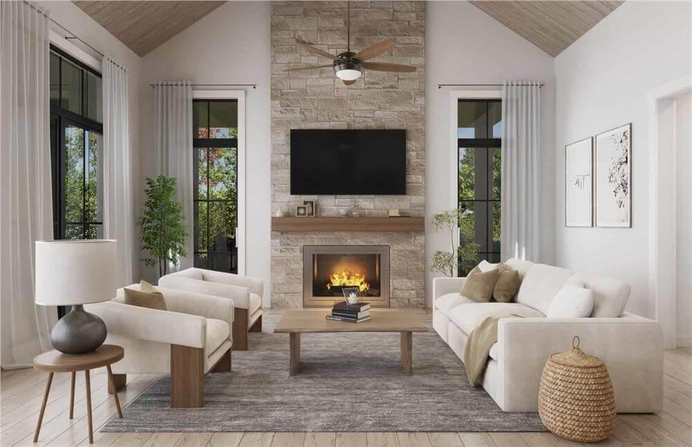 Modern Living Room with a Stone Fireplace as the Focal Point