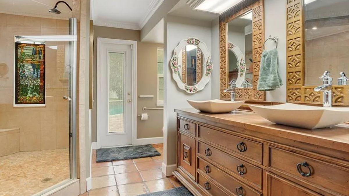 Wow, Look at Those Vessel Sinks and Ornate Mirrors in This Stylish Bathroom