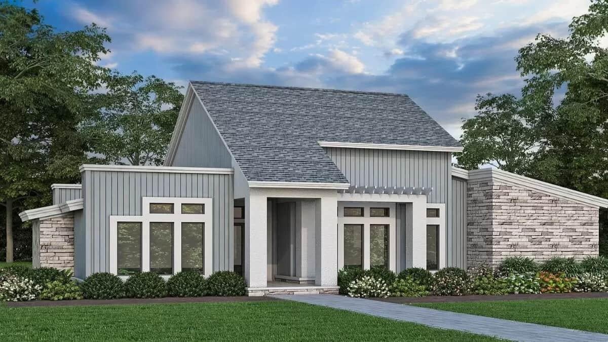 Sleek Facade with Vertical Siding and Stone Accents