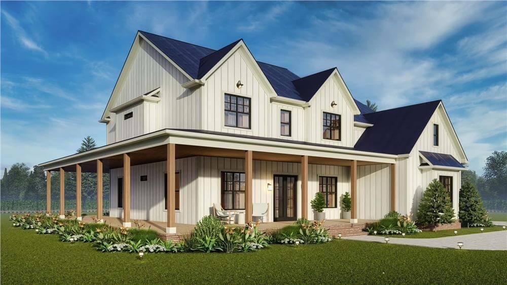 Appreciate the Full-Length Wraparound Porch on This Classic Farmhouse