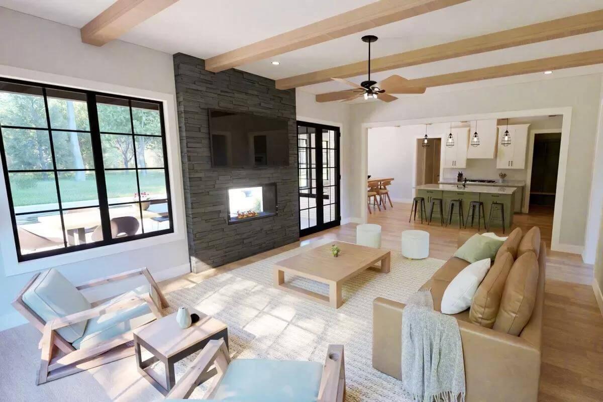 Warm Living Room with a Double-Sided Fireplace and Open Floor Plan
