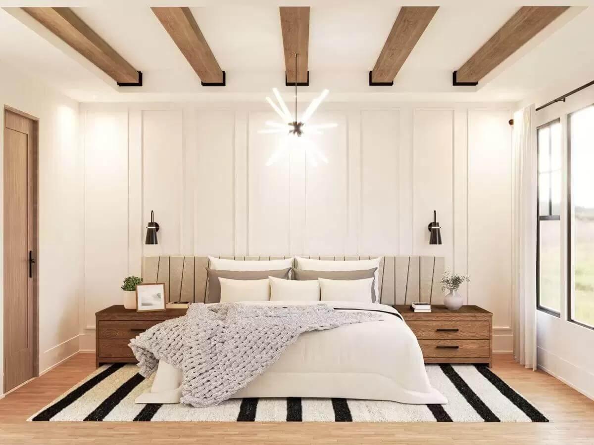Contrast and Texture in a Contemporary Bedroom with Exposed Beams
