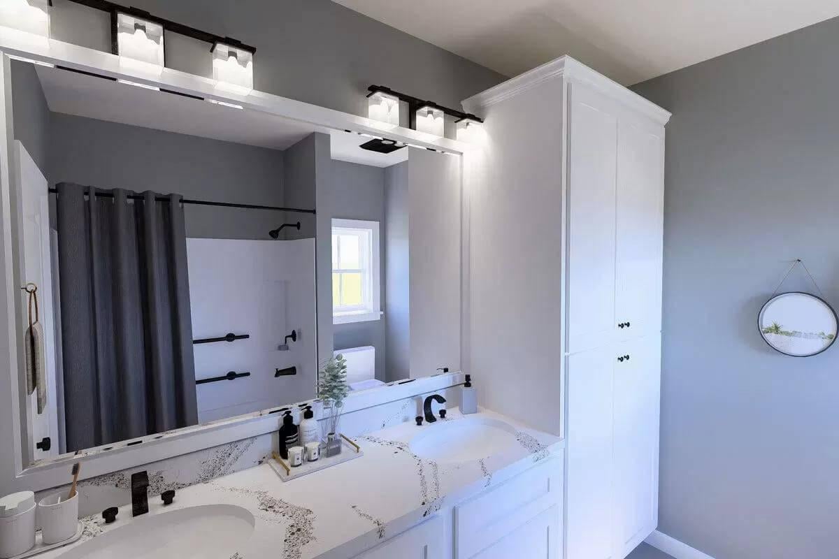 Classic Bathroom Elegance with Dual Sinks and Marble Touches
