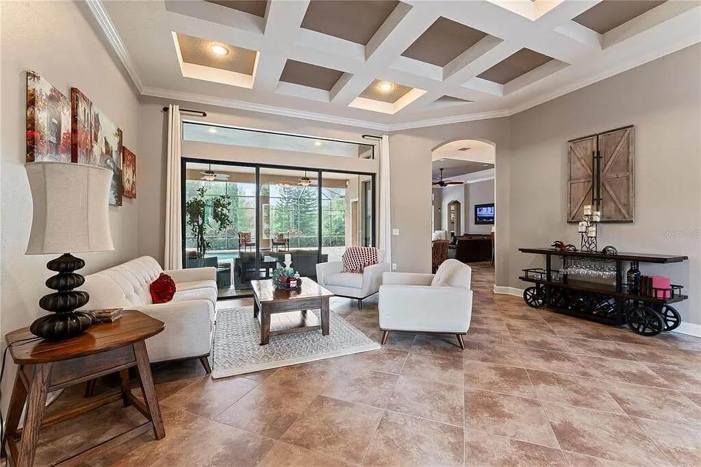 Every Corner Counts in This Airy Living Room with Coffered Ceiling