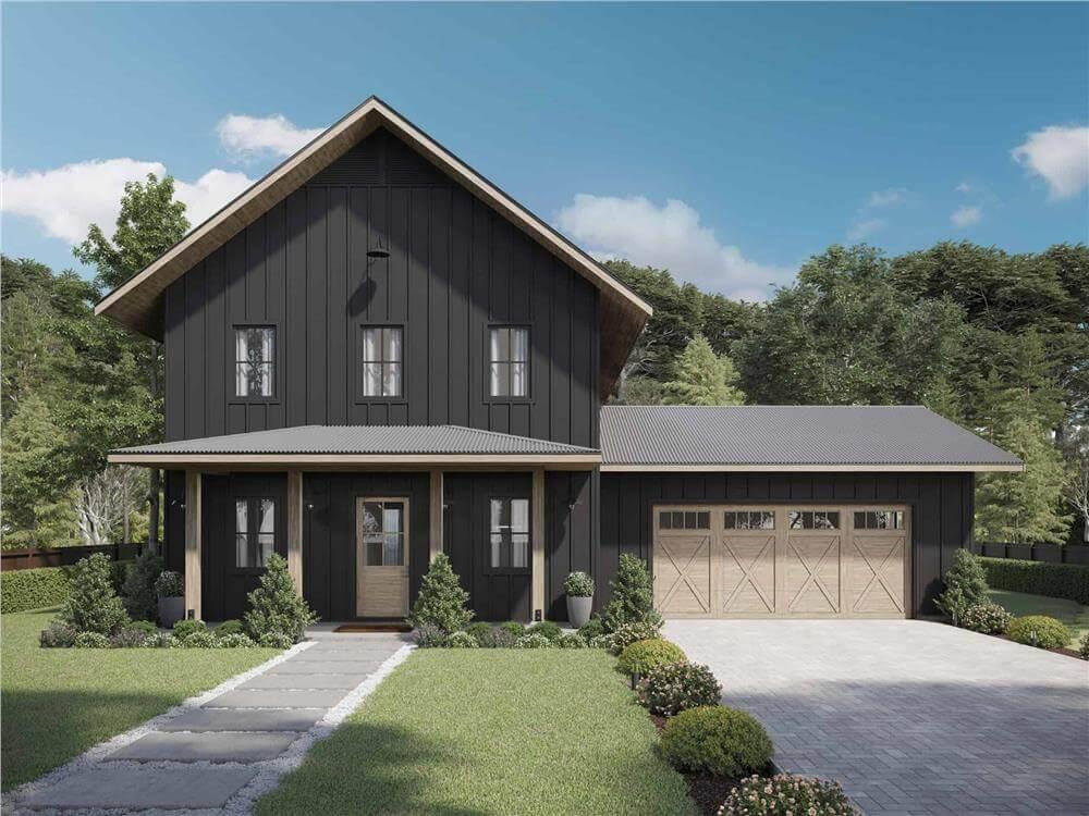 Modern Farmhouse with Distinctive Black Exterior and Spacious Garage
