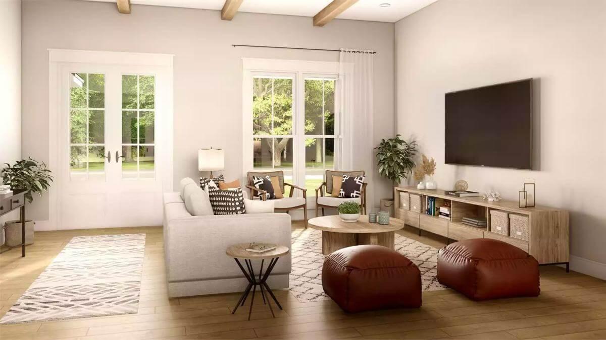 Welcoming Living Room with Exposed Beam Ceilings and Plush Seating