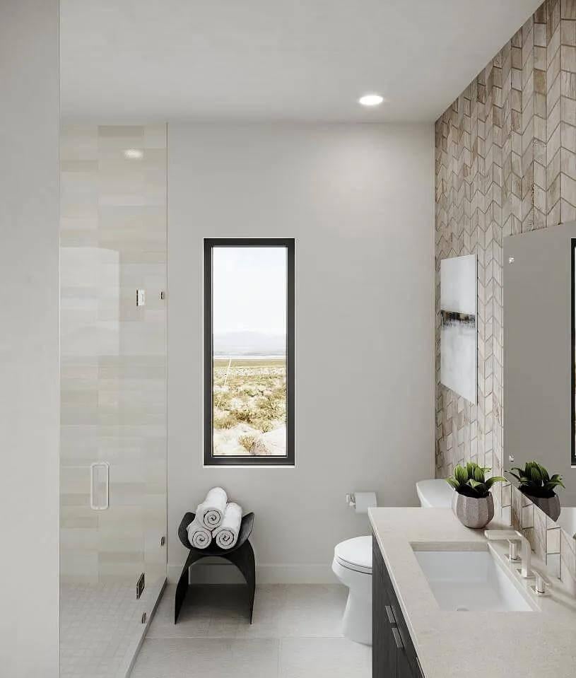 Check Out the Herringbone Tile in This Modern Bathroom