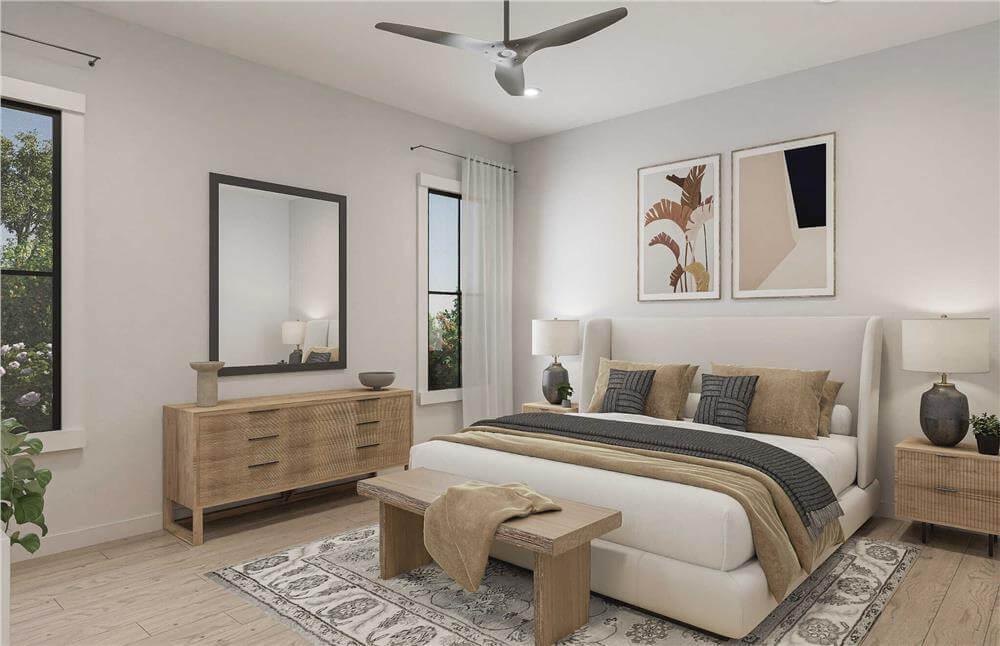 Serene Bedroom with Textured Accents and Minimalistic Charm