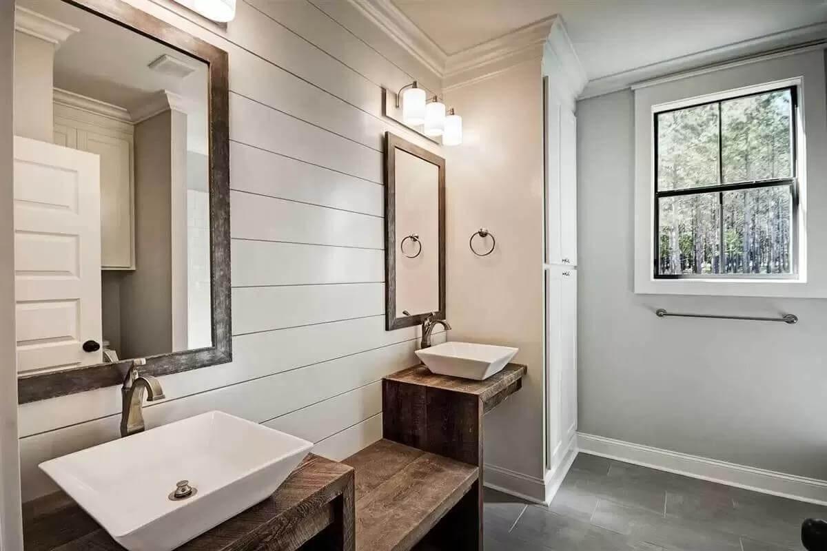 Double Vanities Highlighted by Shiplap and Wooden Accents