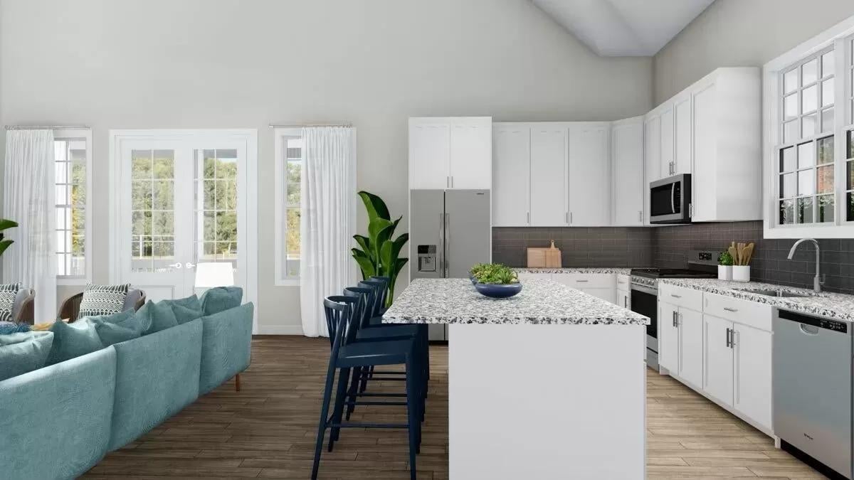 Enjoy This Open Kitchen-Living Combo with a Bold Pop of Color