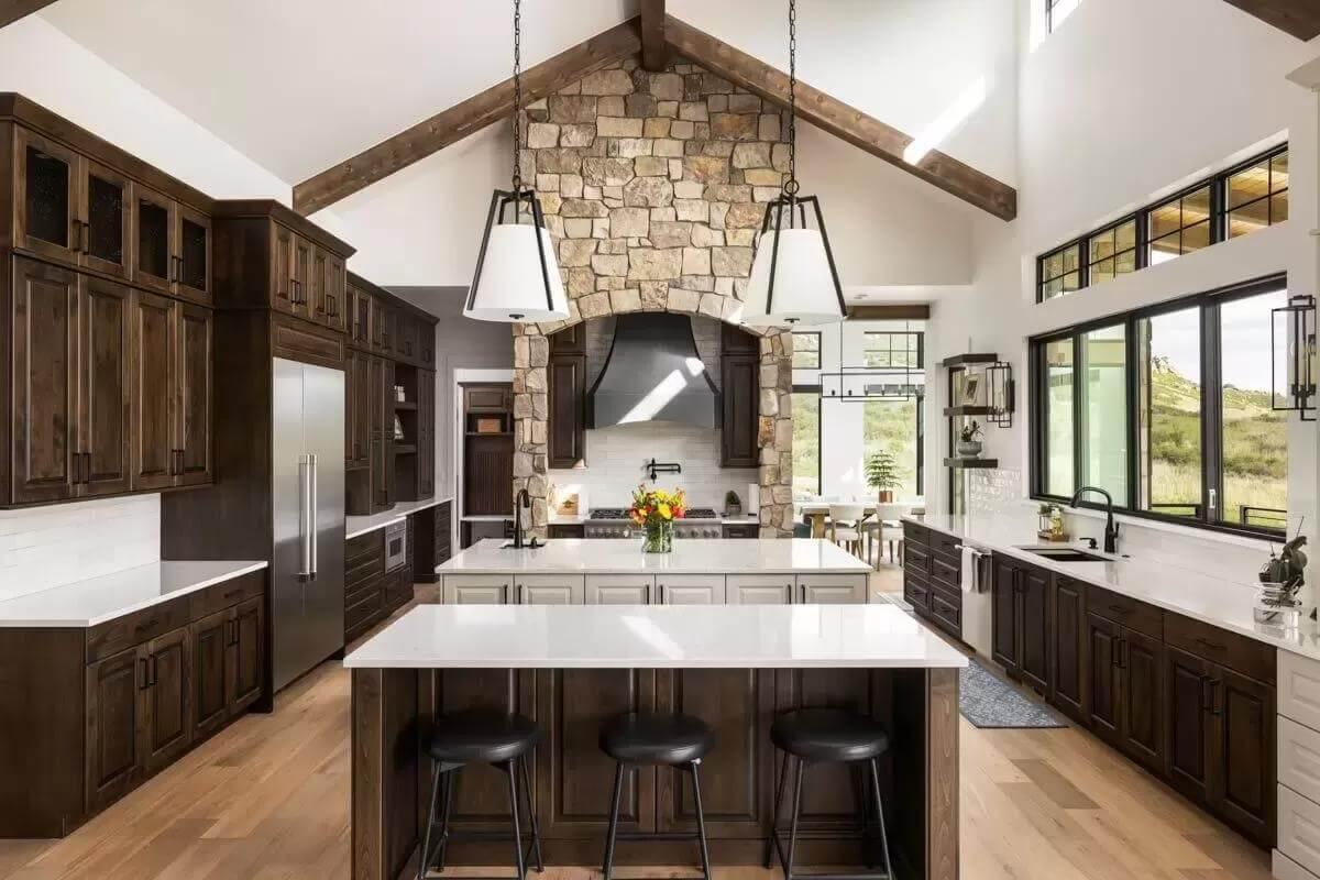 Craftsman Kitchen with a Striking Stone Arch and Vaulted Ceilings