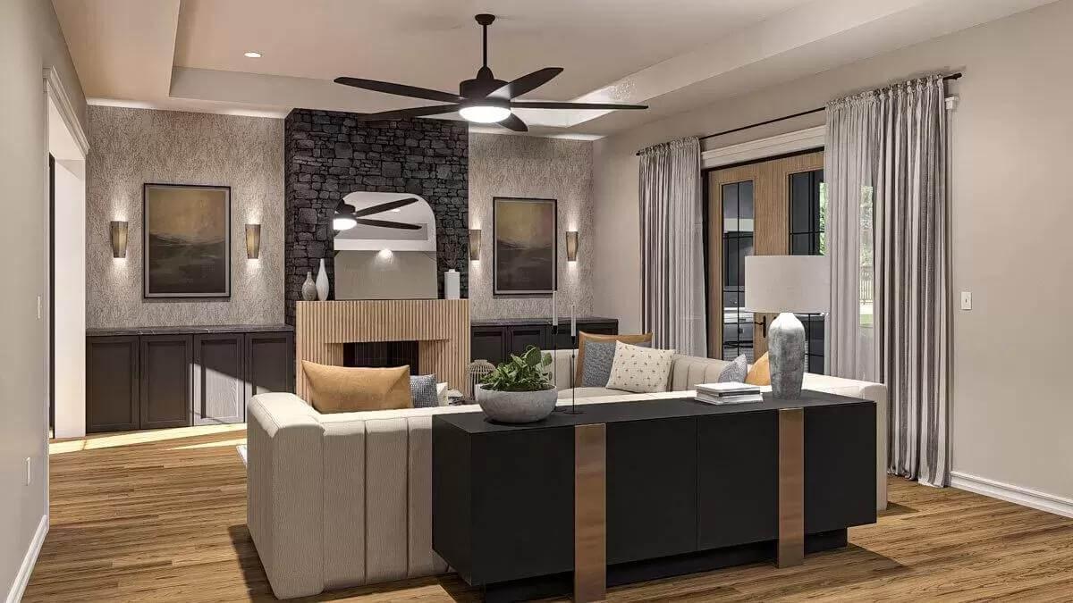 Elegant Living Room with Stone Accent Wall and Sleek Ceiling Fan