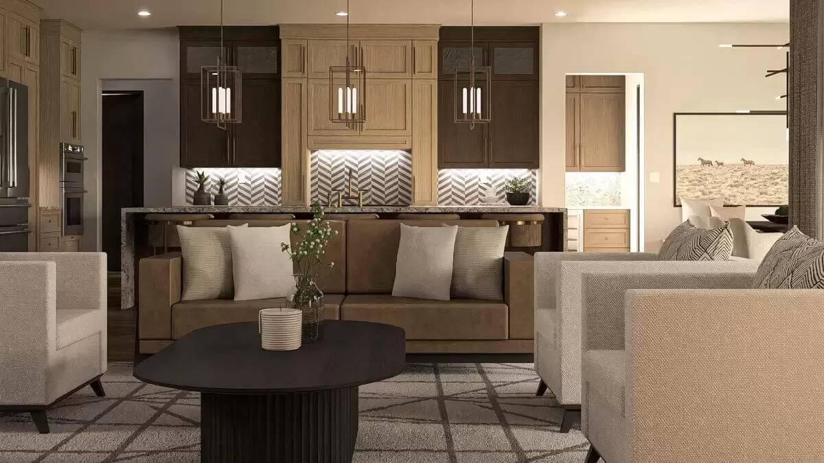 Spot the Chevron Backsplash in This Open-Concept Living Room