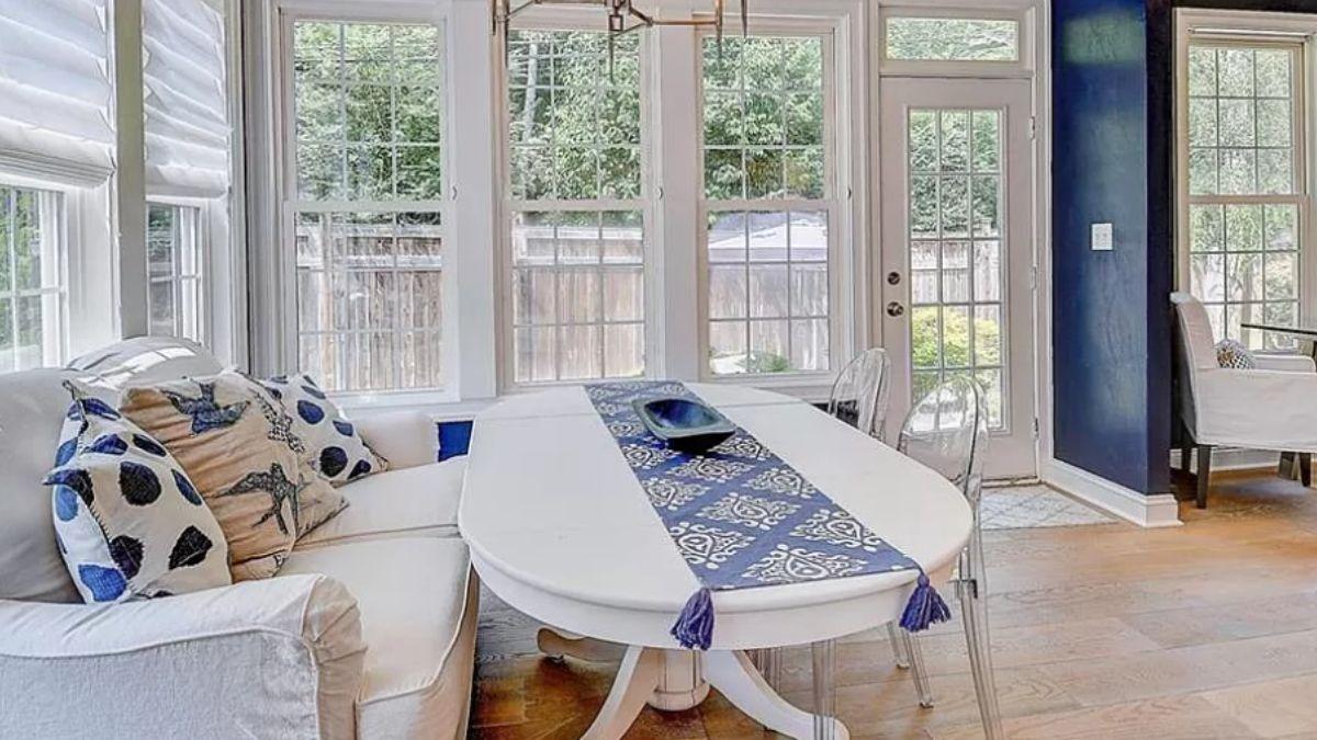 Sunny Breakfast Nook with Elegant Blue Accents