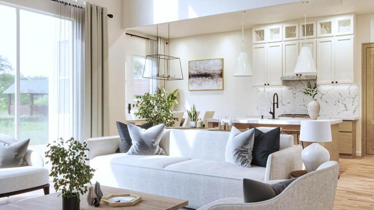 Open Living Space with Soaring Ceilings and a Sleek Kitchen Peninsula