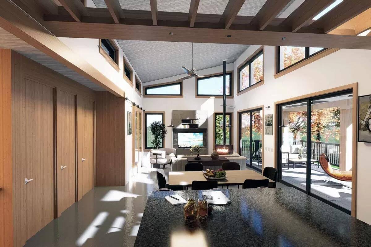 Open-Concept Living Area with Striking Clerestory Windows and Wood Accents